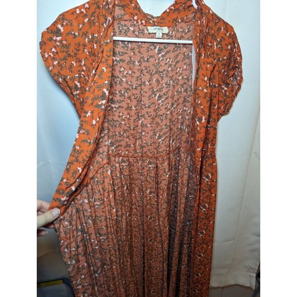 Umgee Long Orange Floral Wrap Short Sleeve Dress Size Medium With Pockets - Picture 7 of 14